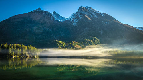 Scenic view of lake by mountain against sky