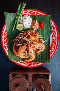 High angle view of meal served on table