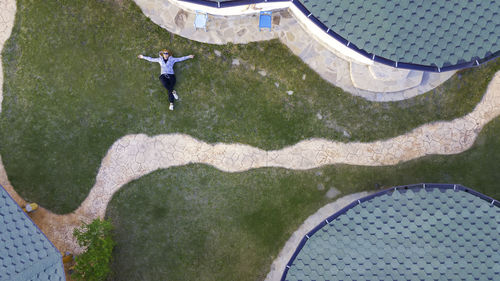 High angle view of man with umbrella