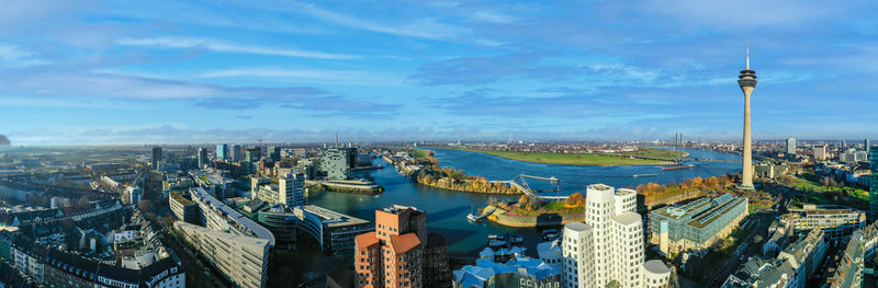 Panoramic view of the city of düsseldorf from a bird's eye view, drone photography.