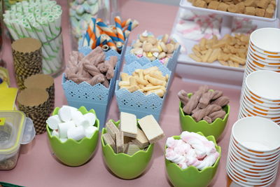 High angle view of cupcakes on table