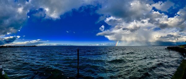 Panoramic view of sea against blue sky