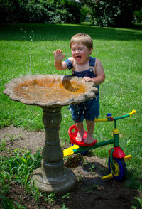 Toddler splashing in a bird bath, standing on his tricycle