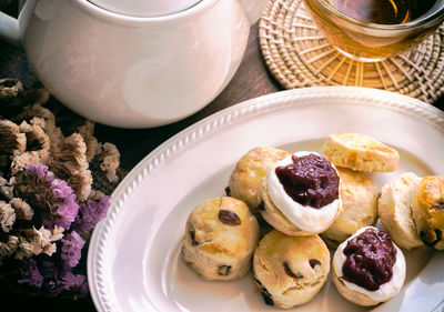 High angle view of breakfast on table