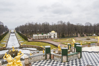 View of parks and fountains of peterhof in winter. central alley of grand cascade fountains 