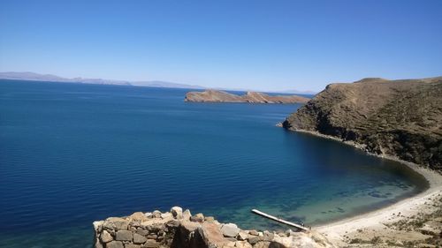 Scenic view of sea against clear blue sky