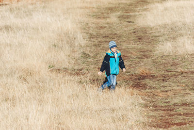 High angle view of boy on field