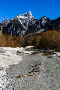 Scenic view of snowcapped mountains against clear sky