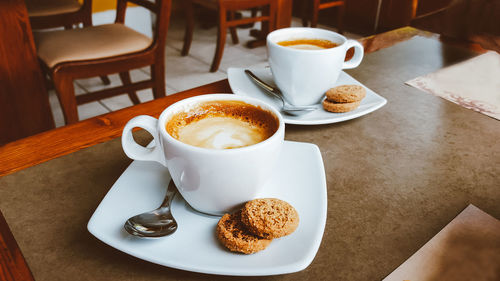 High angle view of coffee on table