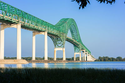 Low angle view of bridge over calm river against sky