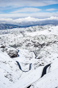 Tizi n'tichka pass in the atlas mountains during winter snow, morocco