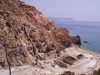 Scenic view of cliff by sea against clear sky