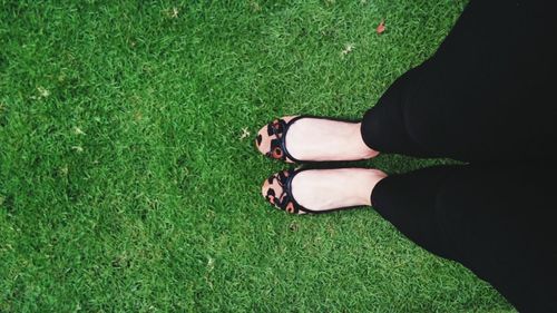 Low section of woman standing on grassy field