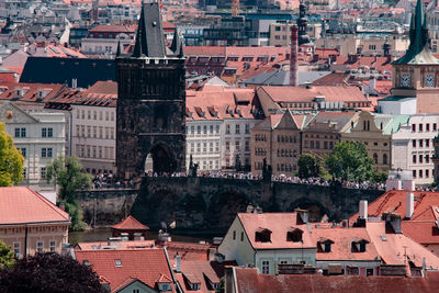 High angle view of buildings in city