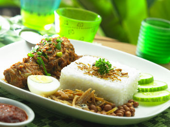 Close-up of food served on table