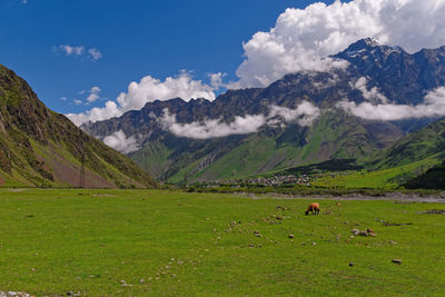 Scenic view of landscape and mountains against sky