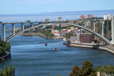 Bridge over river in city against sky