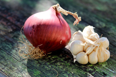 Close-up of onion and garlic on table