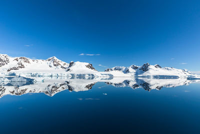 Scenic view of snowcapped mountains against blue sky