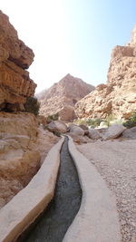 Road leading towards mountains against clear sky
