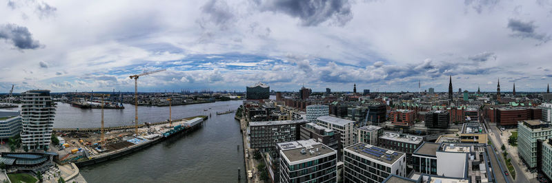 High angle view of buildings against sky