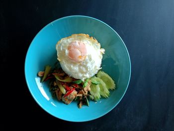 High angle view of breakfast served on table