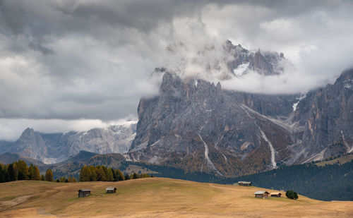 Landscape   autumn meadow field . dolomite rocky peaks  alpe di siusi seiser alm south tyrol  italy