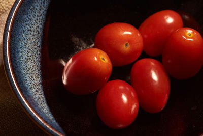 High angle view of cherry tomatoes in bowl