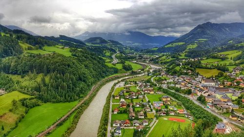 High angle view of agricultural field against sky