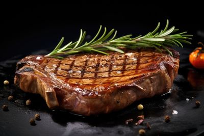 Close-up of seafood on plate against black background