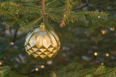 Christmas and new year holidays background. christmas tree decorated with gold ball. 