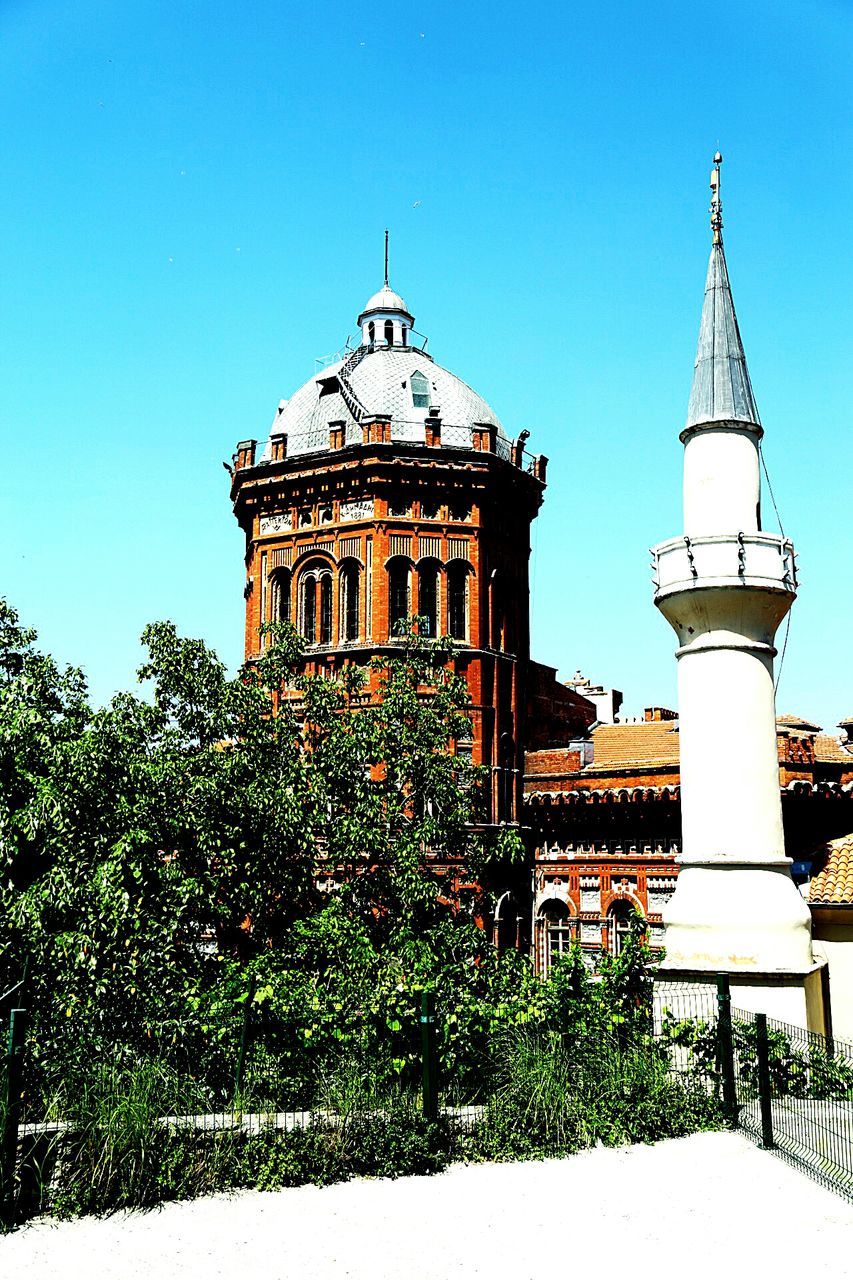 building exterior, architecture, clear sky, built structure, blue, low angle view, religion, tree, tower, place of worship, growth, copy space, sunlight, cross, spirituality, day, plant, church, outdoors