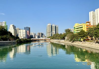 Swimming pool by buildings against clear sky