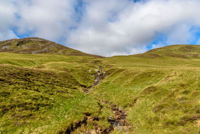 Scenic view of green landscape against sky