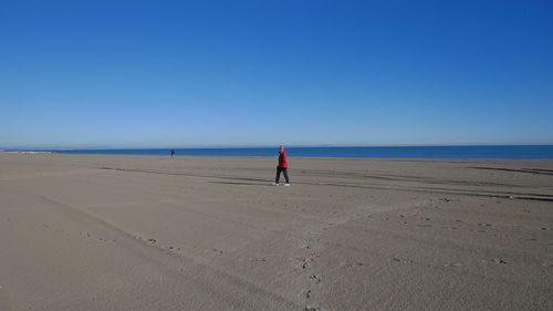 Rear view of man standing on beach against clear blue sky