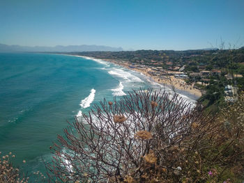 High angle view of sea against clear sky