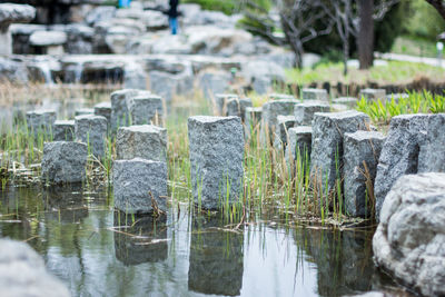 Reflection of rocks in lake