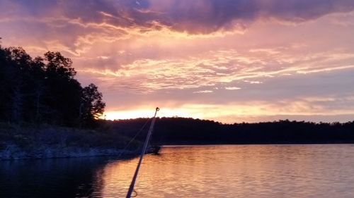 Silhouette trees by calm lake at sunset