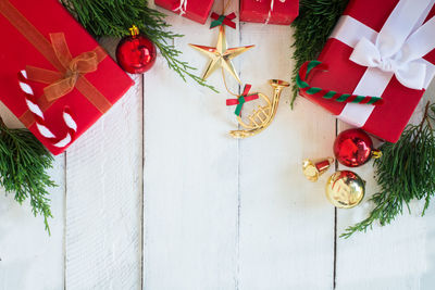 High angle view of christmas decorations on table