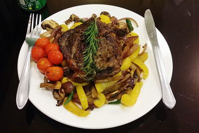 High angle view of food in plate on table