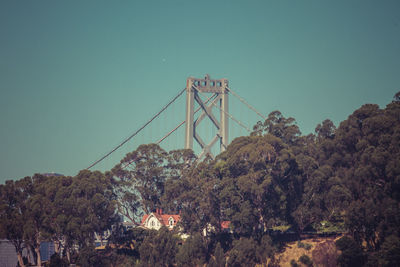 Suspension bridge against clear blue sky