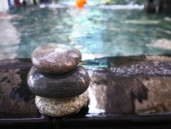 Close-up of stone stack on rock