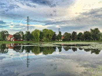 Scenic view of lake against cloudy sky