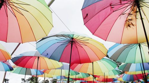 Low angle view of colorful umbrellas at beach