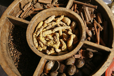 High angle view of wicker basket on table