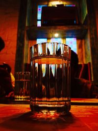 Close-up of beer glass on table