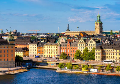 View of stockholm city over sea harbour in summer season at stockholm, sweden