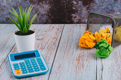 High angle view of potted plant on table