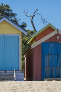 Built structure on beach against clear blue sky
