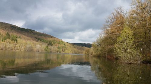 Scenic view of lake against cloudy sky